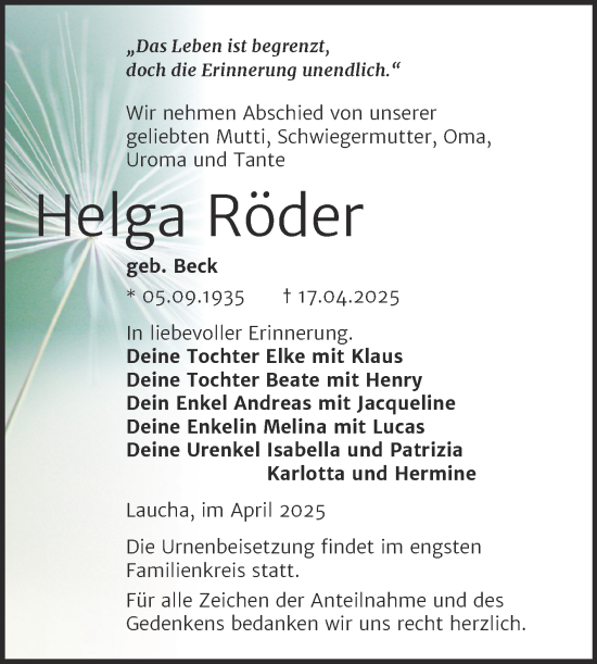 Traueranzeige von Helga Röder von Super Sonntag Naumburg/Nebra