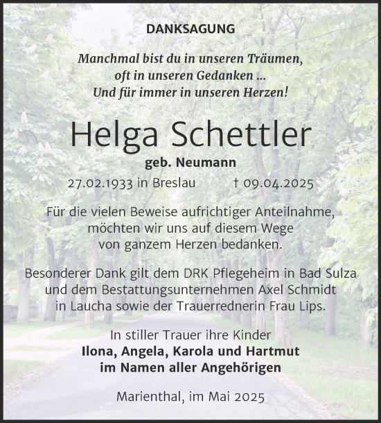 Traueranzeige von Helga Schettler von Super Sonntag Naumburg/Nebra