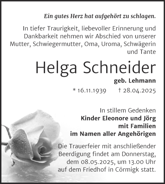 Traueranzeige von Helga Schneider von Trauerkombi Bernburg