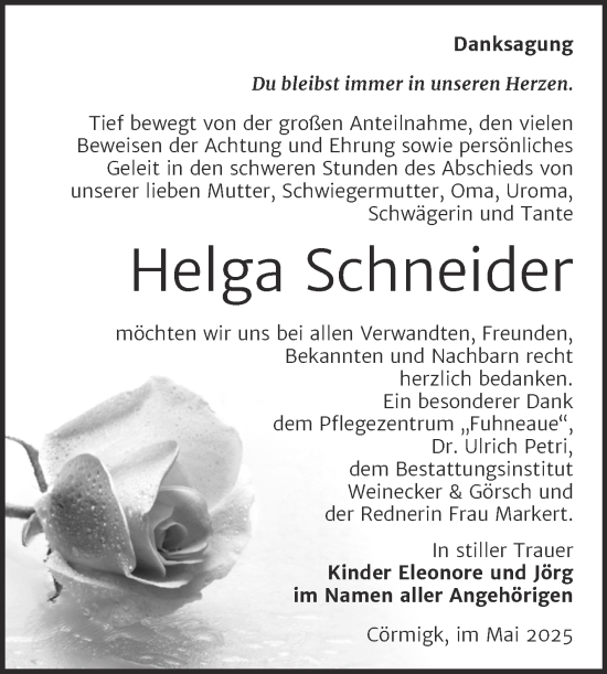 Traueranzeige von Helga Schneider von Trauerkombi Bernburg