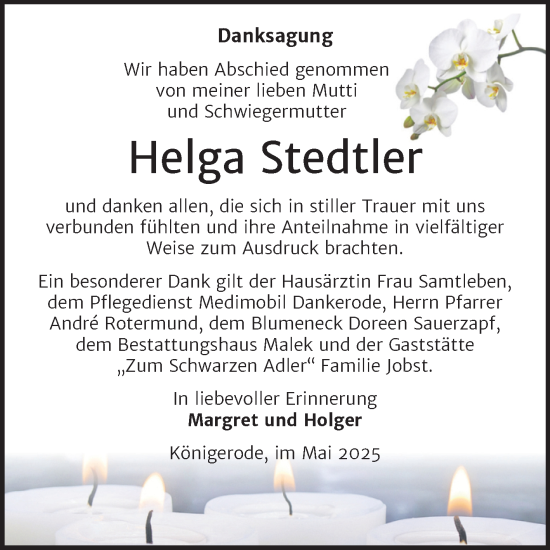 Traueranzeige von Helga Stedtler von Trauerkombi Quedlinburg