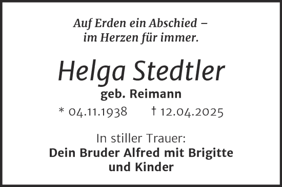 Traueranzeige von Helga Stedtler von Trauerkombi Quedlinburg
