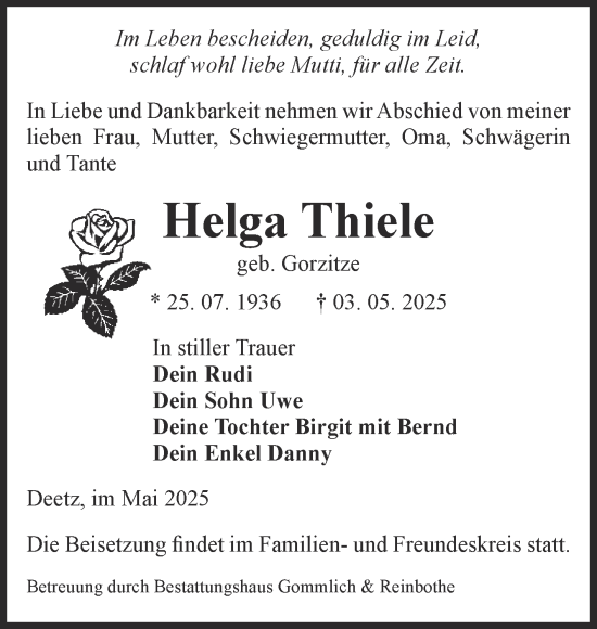 Traueranzeige von Helga Thiele von Volksstimme Zerbst