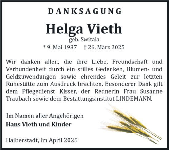 Traueranzeige von Helga Vieth von Volksstimme Halberstadt
