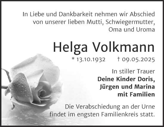Traueranzeige von Helga Volkmann von Trauerkombi Sangerhausen