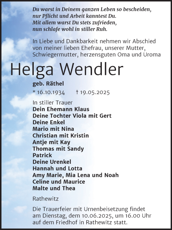 Traueranzeige von Helga Wendler von Super Sonntag Naumburg/Nebra
