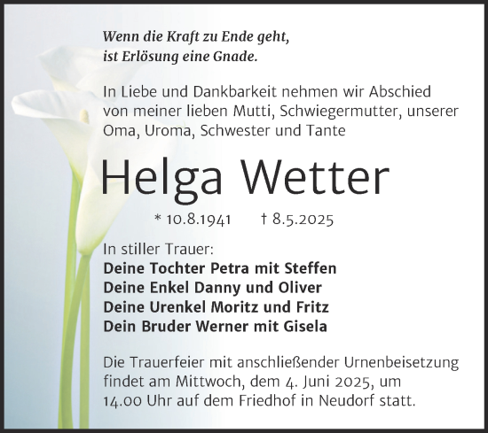 Traueranzeige von Helga Wetter von Trauerkombi Quedlinburg