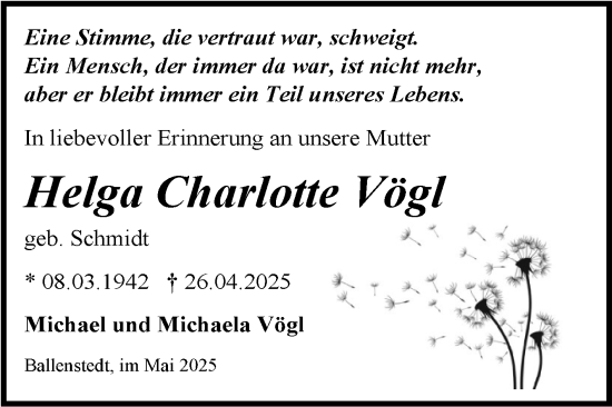 Traueranzeige von Helga Charlotte Vögl von Trauerkombi Quedlinburg
