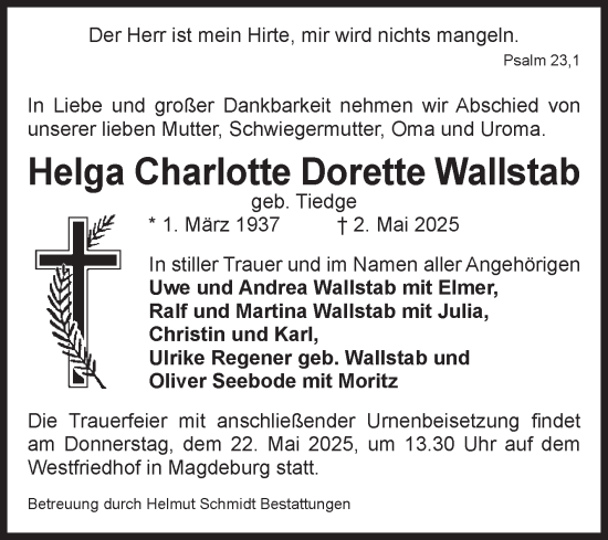 Traueranzeige von Helga Charlotte Dorette Wallstab von Volksstimme Magdeburg