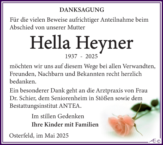 Traueranzeige von Hella Heyner von Trauerkombi Zeitz