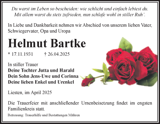 Traueranzeige von Helmut Bartke von Volksstimme Altmark West