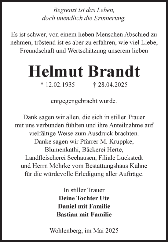 Traueranzeige von Helmut Brandt von Volksstimme Altmark Ost