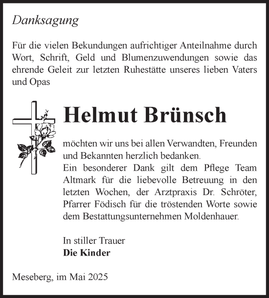 Traueranzeige von Helmut Brünsch von Volksstimme Altmark Ost