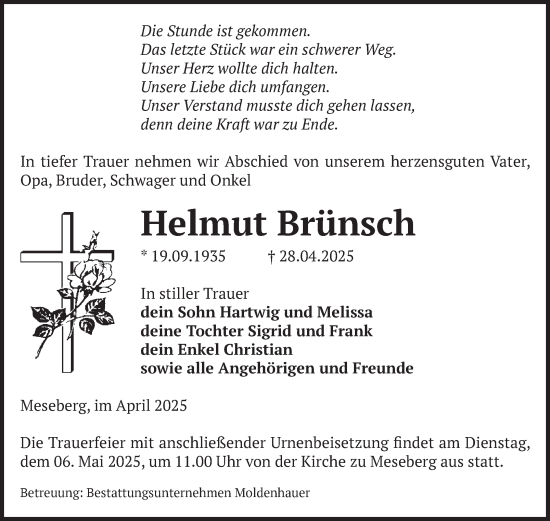 Traueranzeige von Helmut Brünsch von Volksstimme Altmark Ost