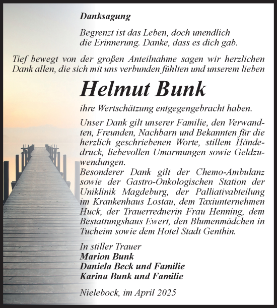 Traueranzeige von Helmut Bunk von Volksstimme Burg/Genthin