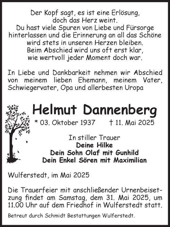Traueranzeige von Helmut Dannenberg von Volksstimme Oschersleben/Wanzleben