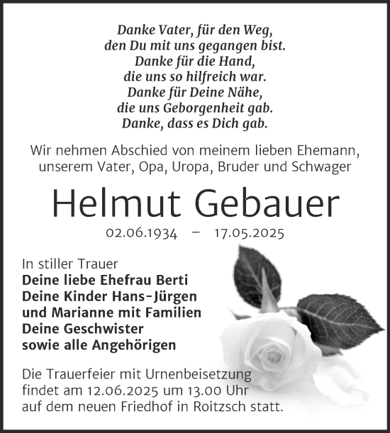 Traueranzeige von Helmut Gebauer von Trauerkombi Bitterfeld