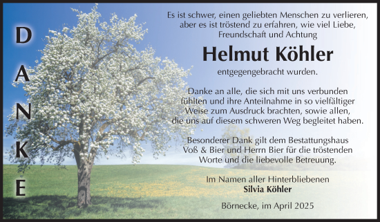 Traueranzeige von Helmut Köhler von Volksstimme Wernigerode