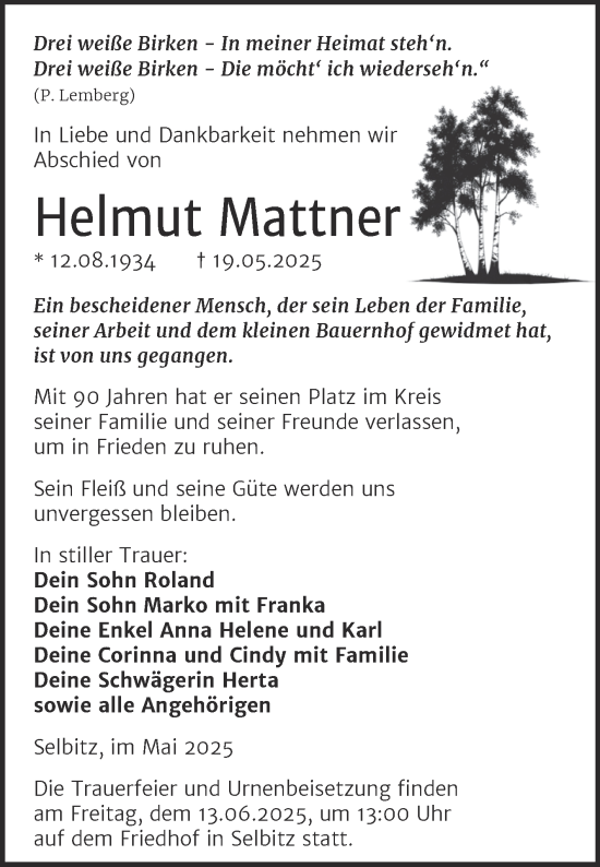 Traueranzeige von Helmut Mattner von Trauerkombi Wittenberg