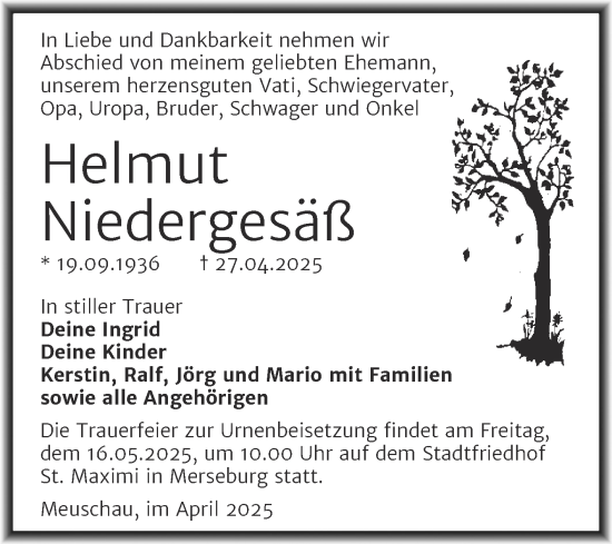 Traueranzeige von Helmut Niedergesäß von Trauerkombi Merseburg