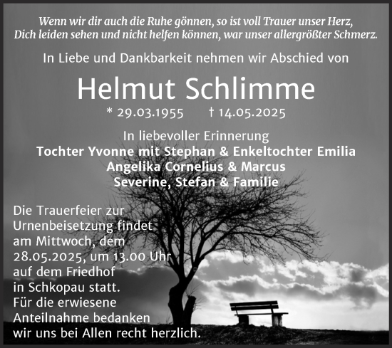Traueranzeige von Helmut Schlimme von Trauerkombi Merseburg