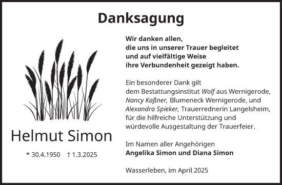 Traueranzeige von Helmut Simon von Volksstimme Wernigerode