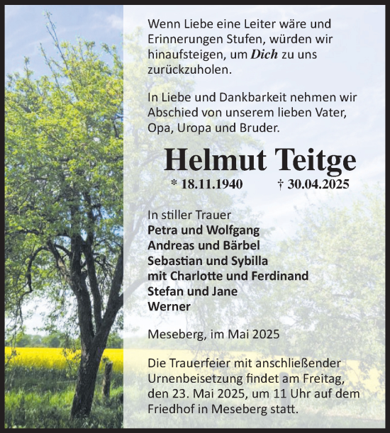 Traueranzeige von Helmut Teitge von Volksstimme Altmark Ost