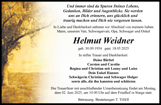 Traueranzeige von Helmut Weidner von Volksstimme Wernigerode