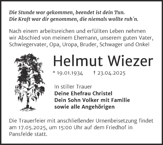 Traueranzeige von Helmut Wiezer von Trauerkombi Quedlinburg
