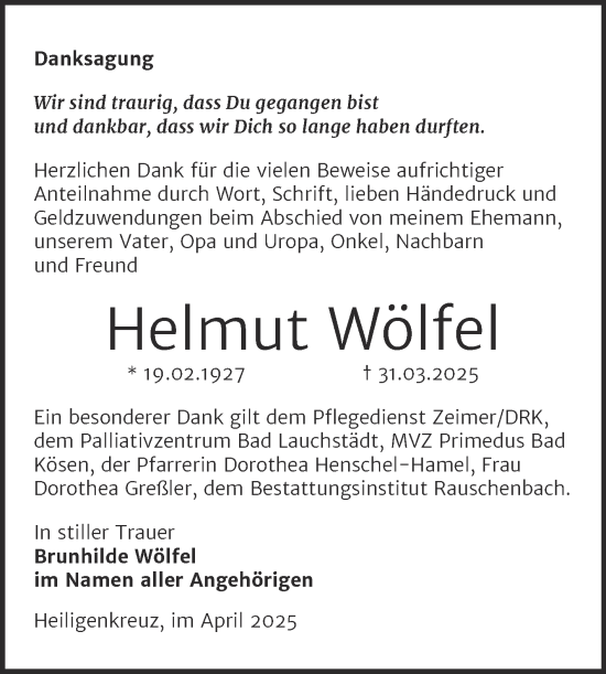 Traueranzeige von Helmut Wölfel von Naumburger Tageblatt