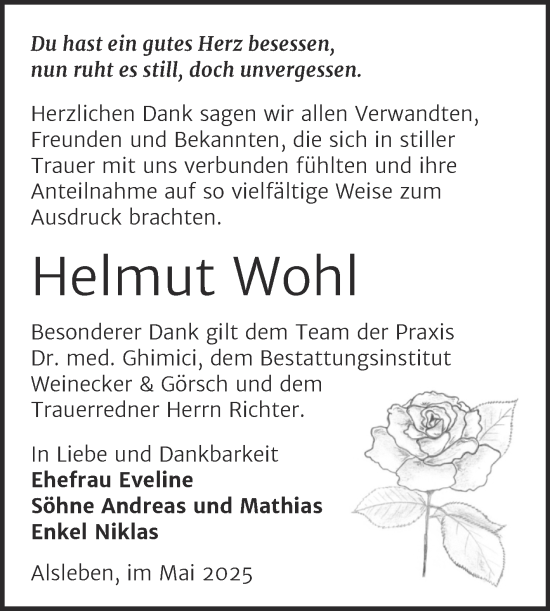 Traueranzeige von Helmut Wohl von Trauerkombi Bernburg
