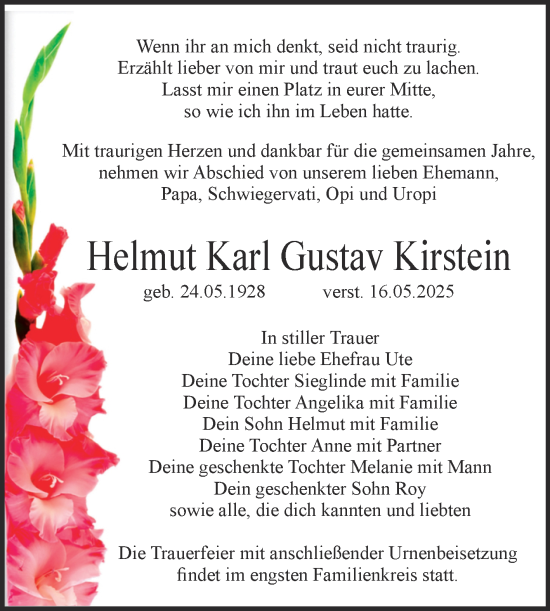 Traueranzeige von Helmut Karl Gustav Kirstein von Trauerkombi Bitterfeld