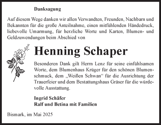 Traueranzeige von Henning Schaper von Volksstimme Altmark Ost