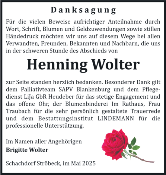 Traueranzeige von Henning Wolter von Volksstimme Halberstadt