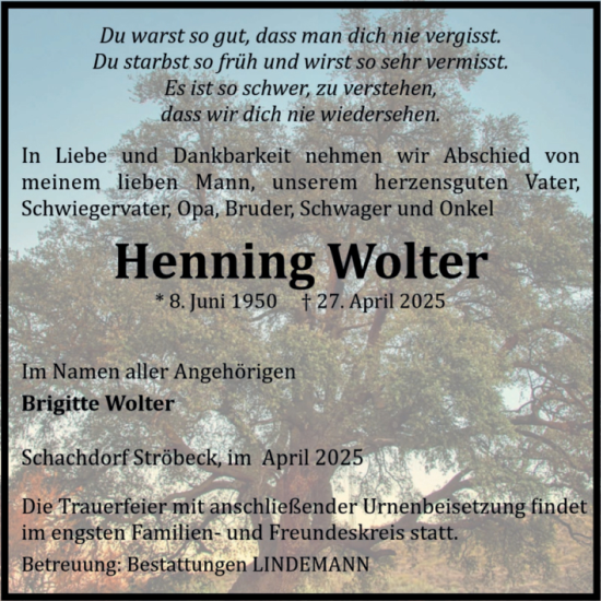 Traueranzeige von Henning Wolter von Volksstimme Halberstadt