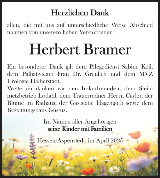 Traueranzeige von Herbert Bramer von Volksstimme Halberstadt