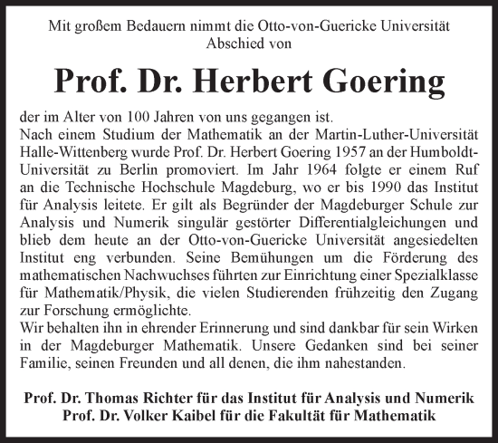 Traueranzeige von Herbert Goering von Volksstimme Magdeburg