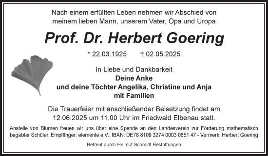 Traueranzeige von Herbert Goering von Volksstimme Magdeburg