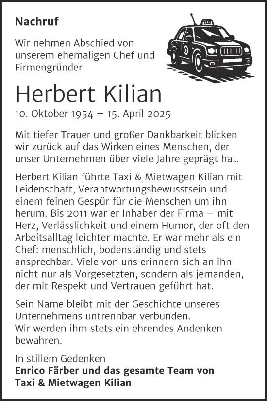 Traueranzeige von Herbert Kilian von Super Sonntag Zeitz