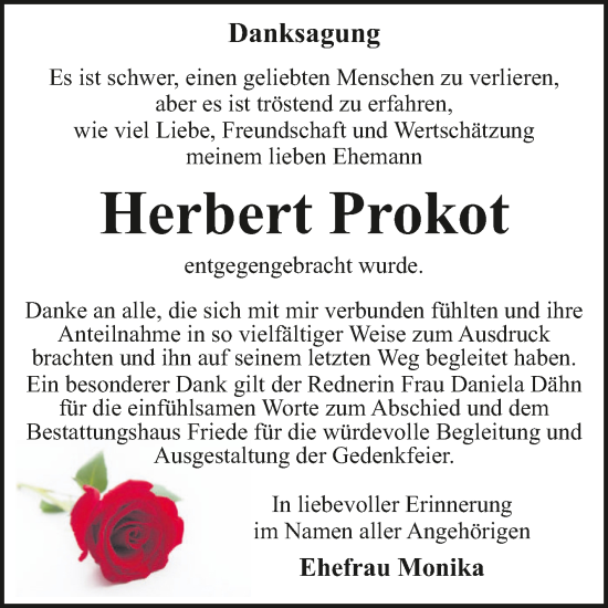 Traueranzeige von Herbert Prokot von Trauerkombi Dessau