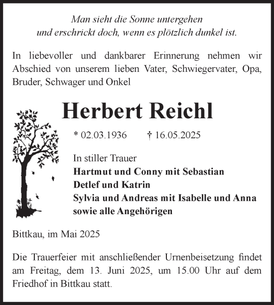 Traueranzeige von Herbert Reichl von Volksstimme Altmark Ost