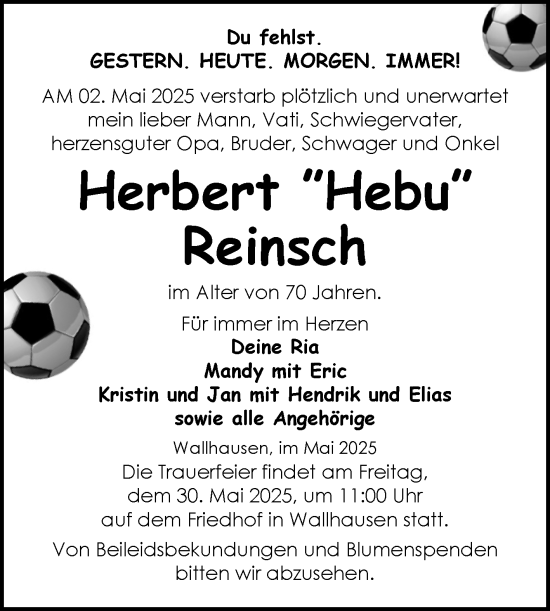 Traueranzeige von Herbert Reinsch von Trauerkombi Sangerhausen