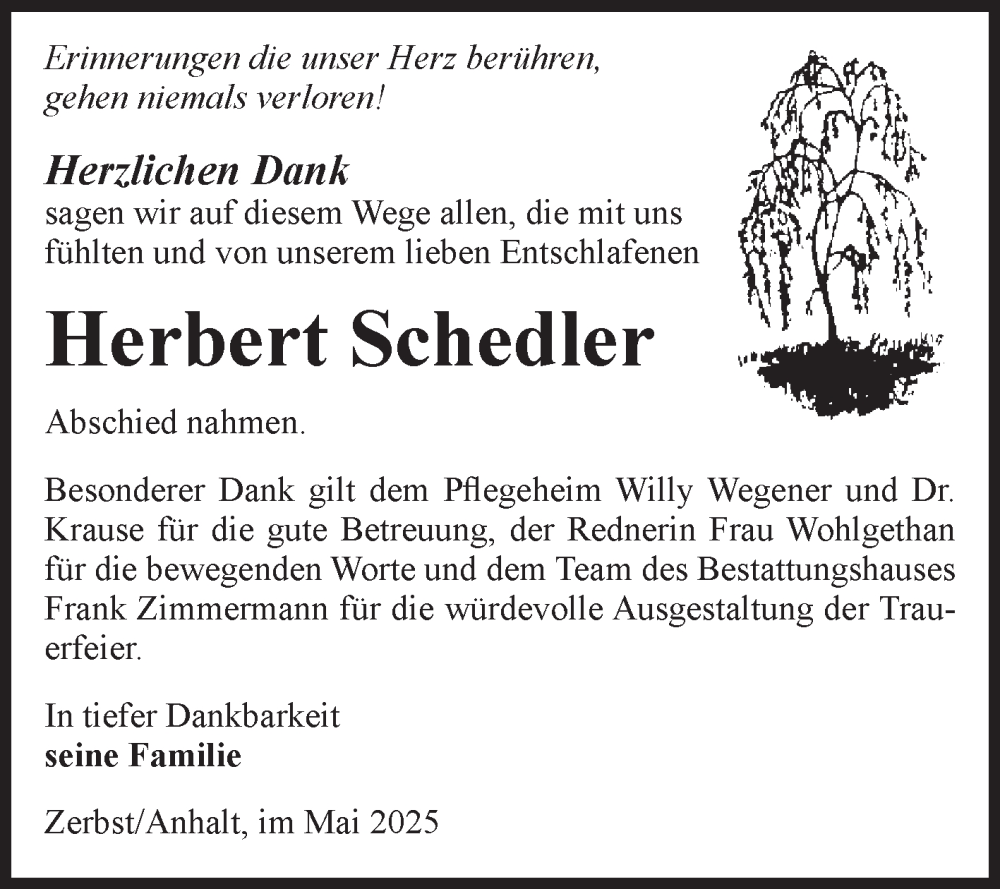  Traueranzeige für Herbert Schedler vom 10.05.2025 aus Volksstimme Zerbst