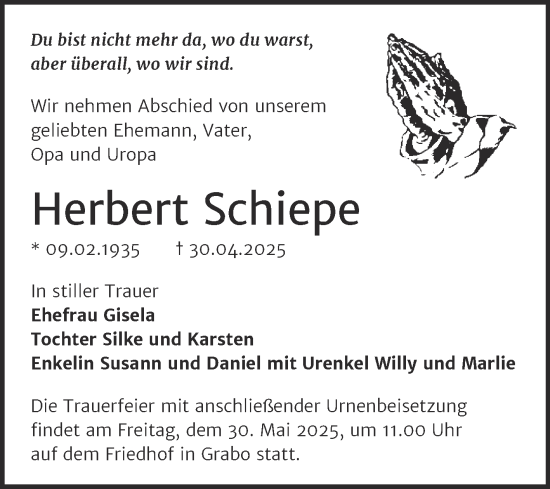 Traueranzeige von Herbert Schiepe von Trauerkombi Wittenberg