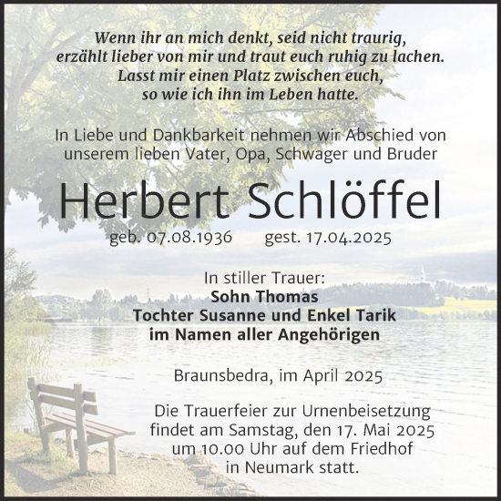 Traueranzeige von Herbert Schlöffel von Trauerkombi Merseburg