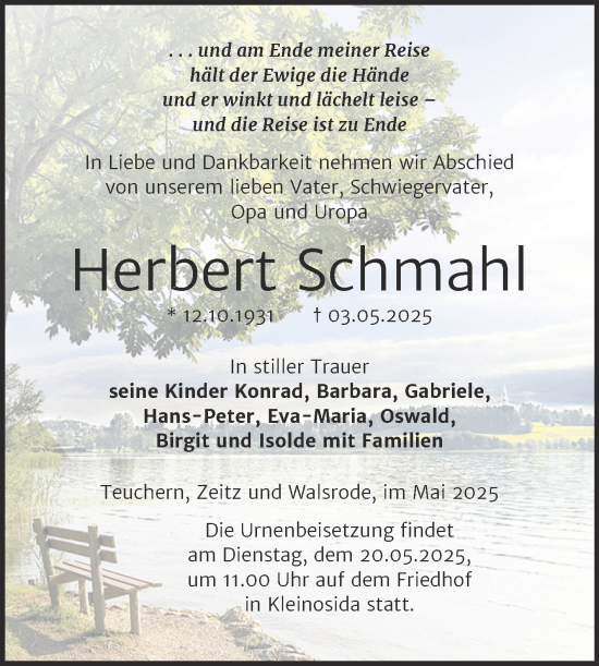 Traueranzeige von Herbert Schmahl von Trauerkombi Zeitz