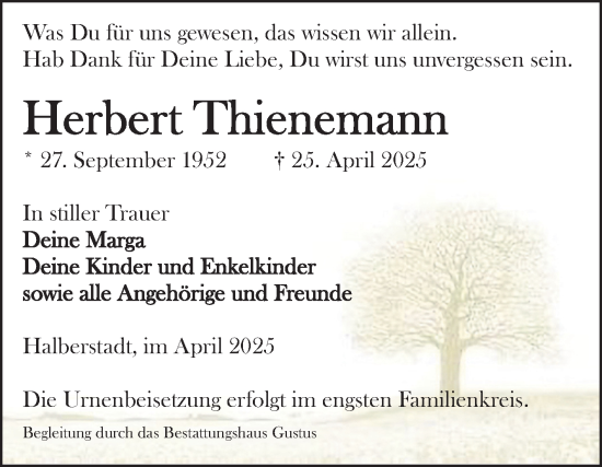 Traueranzeige von Herbert Thienemann von Volksstimme Halberstadt
