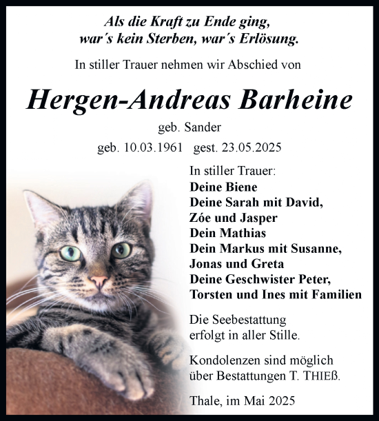 Traueranzeige von Hergen-Andreas Barheine von Trauerkombi Quedlinburg
