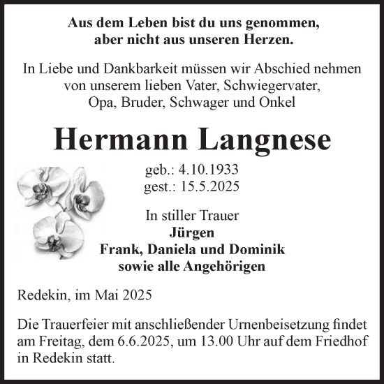 Traueranzeige von Hermann Langnese von Volksstimme Burg/Genthin