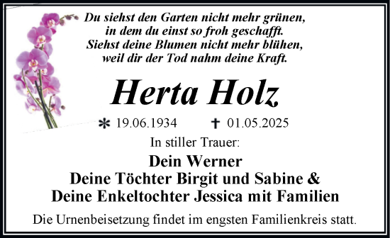 Traueranzeige von Herta Holz von Trauerkombi Dessau